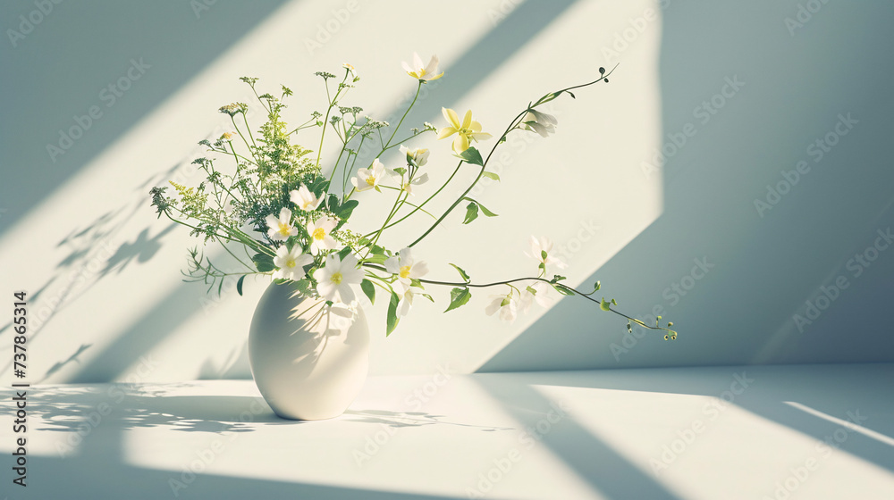 A sophisticated arrangement of fresh flowers in a minimalist vase casts soft shadows on the pristine white surface A sophisticated arrangement of fresh flowers in a minimalist vase casts soft shadows on the pristine white surface