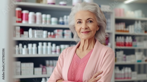 A beautiful happy gray-haired senior woman on the background of pharmacy shelves with medicines, vitamins, health products, dietary supplements, cosmetics. Healthcare, Pensioners, Pharmaceuticals.