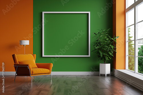 horizontal image of an indoor space with a large empty frame hanging on a green and orange wall Generative AI