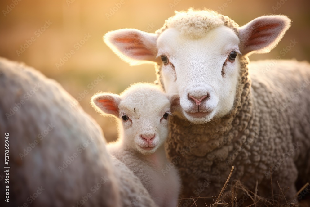 Serene Pastoral Moment: A Mother Sheep and Her Lamb at Dusk - Generative AI Serene Pastoral Moment: A Mother Sheep and Her Lamb at Dusk - Generative AI