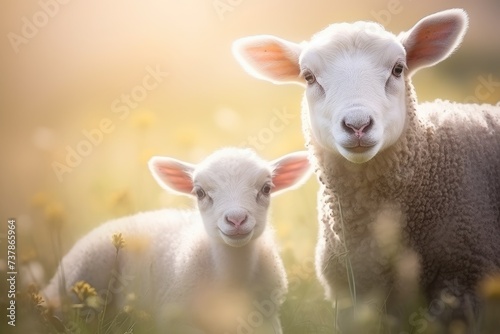 Serene Pastoral Moment: A Mother Sheep and Her Lamb at Dusk - Generative AI