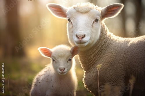 Serene Pastoral Moment  A Mother Sheep and Her Lamb at Dusk - Generative AI