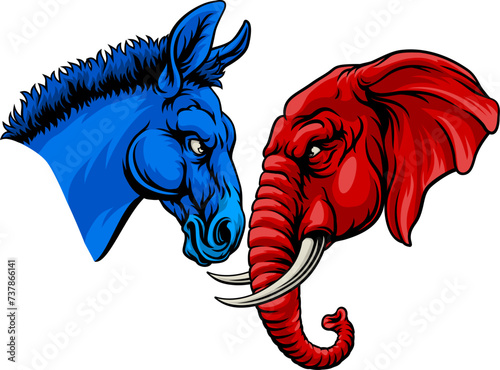 Republican and democrat elephant and donkey facing off American election party politics concept