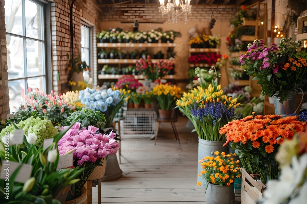 Fototapeta premium Vivid flower shop bustling with vibrant bouquets potted plants and tabletop elegance. Concept Floral Arrangements, Potted Plants, Tabletop Elegance, Vibrant Bouquets, Flower Shop Buzz