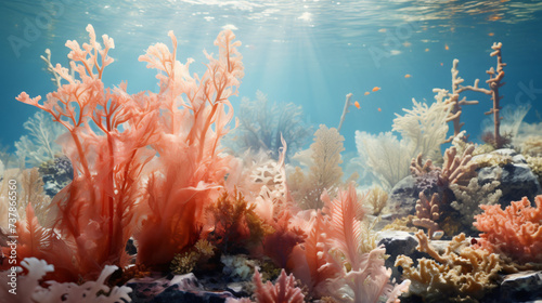 An underwater scene of corals and seaweed.
