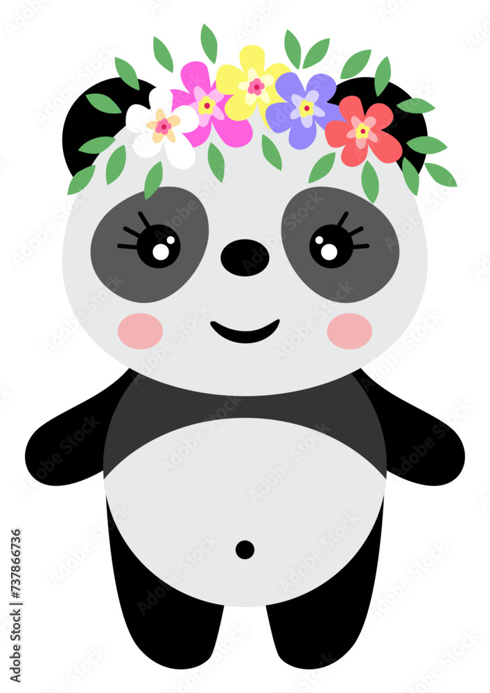 Naklejka premium Adorable panda with wreath floral on head