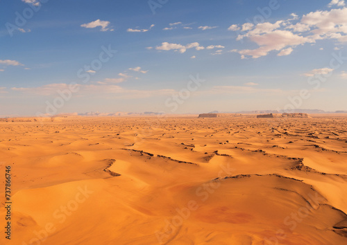 Grand désert avec sol et terre sèche et infertile à cause de la sècheresse et du réchauffement climatique. Dunes de sable avec un ciel bleu en fond.
