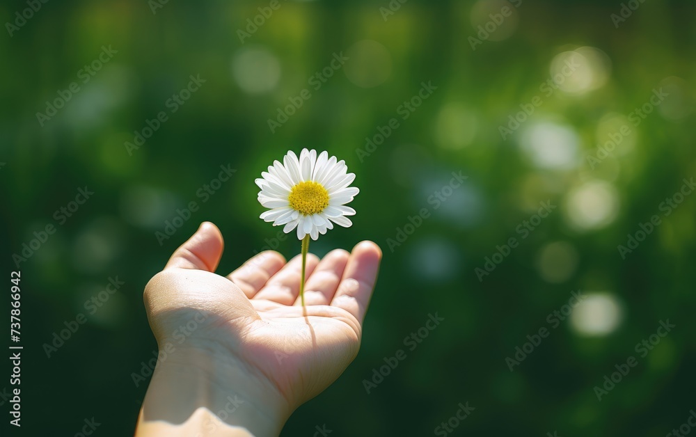 Delicate Embrace: A Single Daisy Cradled in the Palm of Nature - Generative AI Delicate Embrace: A Single Daisy Cradled in the Palm of Nature - Generative AI