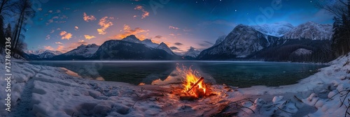 Fire burning on frozen lake in the mountains at night in winter.