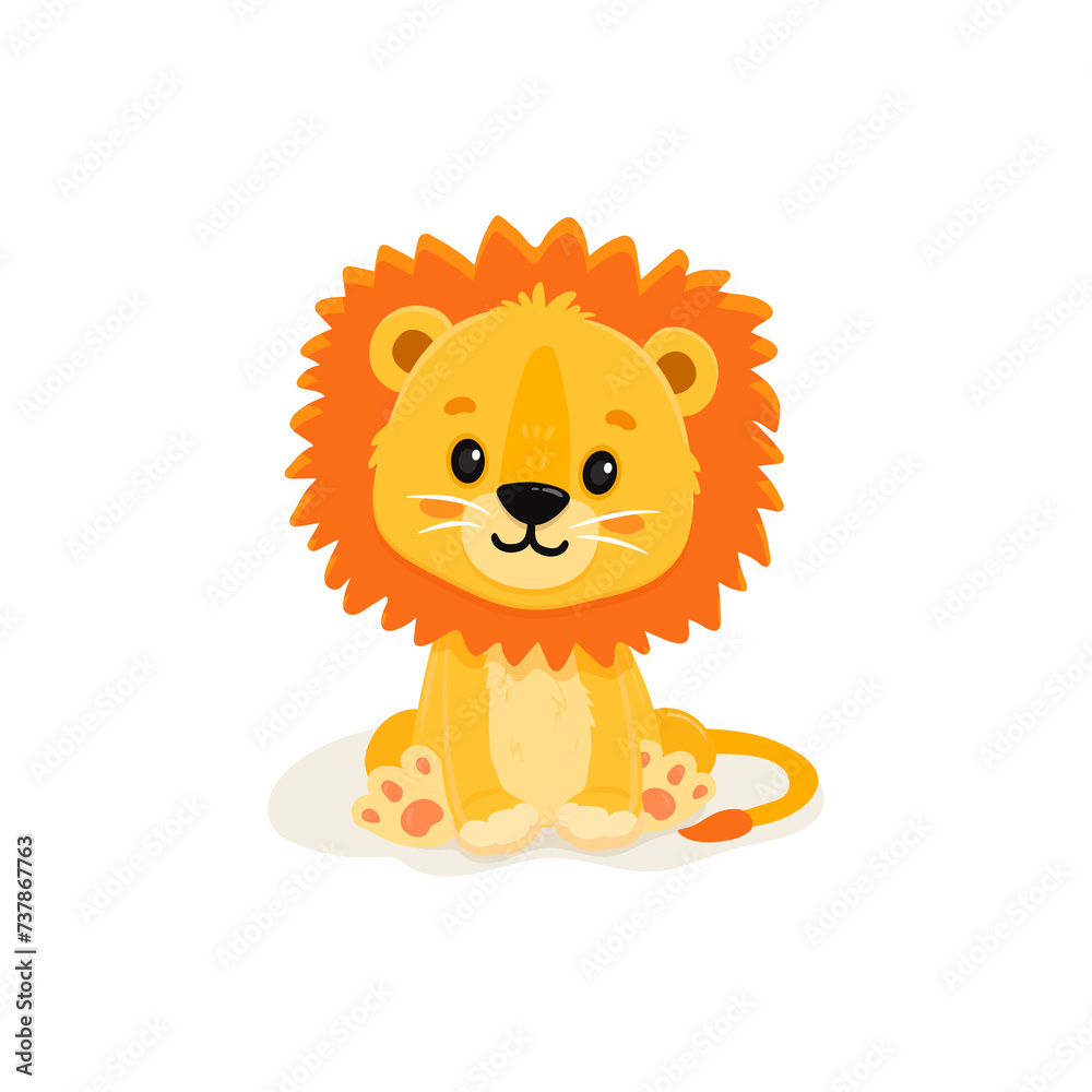 Cute cartoon lion. Wild adorable character. Lovely mammal sitting isolated. 