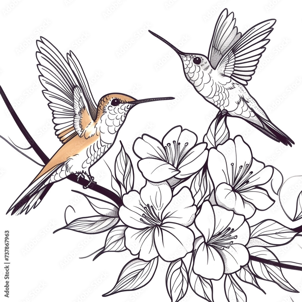 Fototapeta premium Black and white Hummingbird and flowers tattoo design