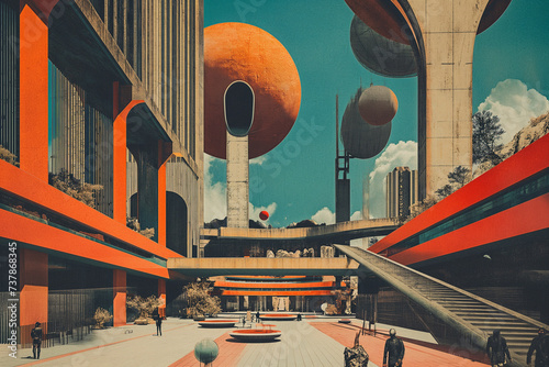 Retrofuturistic landscape in mid-century sci-fi style. Retro science fiction scene with futuristic city buildings. photo
