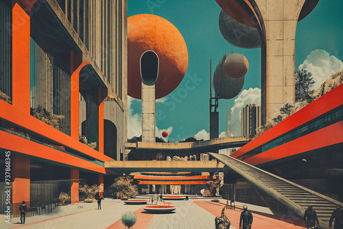 Retrofuturistic landscape in mid-century sci-fi style. Retro science fiction scene with futuristic city buildings.