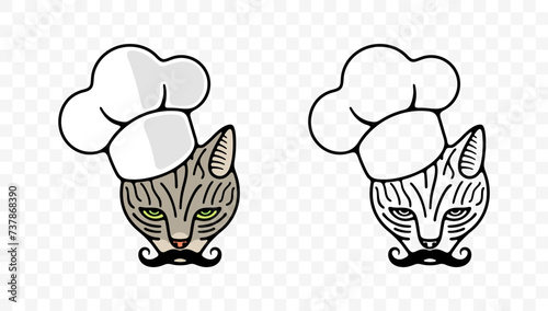 Cat in a chef's hat with mustache, cat looking, graphic design. Animal and pet, kitten or catlike, food and meal, vector design and illustration