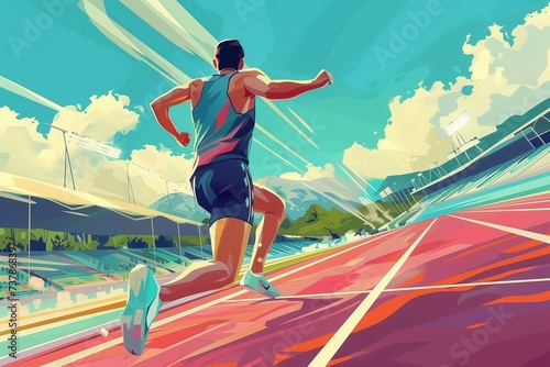 Running athlete on the treadmill at the stadium, flat sports illustration, Olympic Games