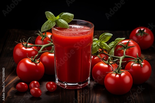Glass of refreshing tomato juice with ripe tomatoes placed on wooden surface against dark background