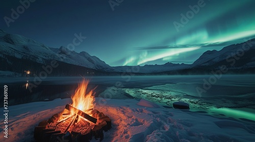 Mountain landscape in winter with fire burning on frozen lake ice at night.