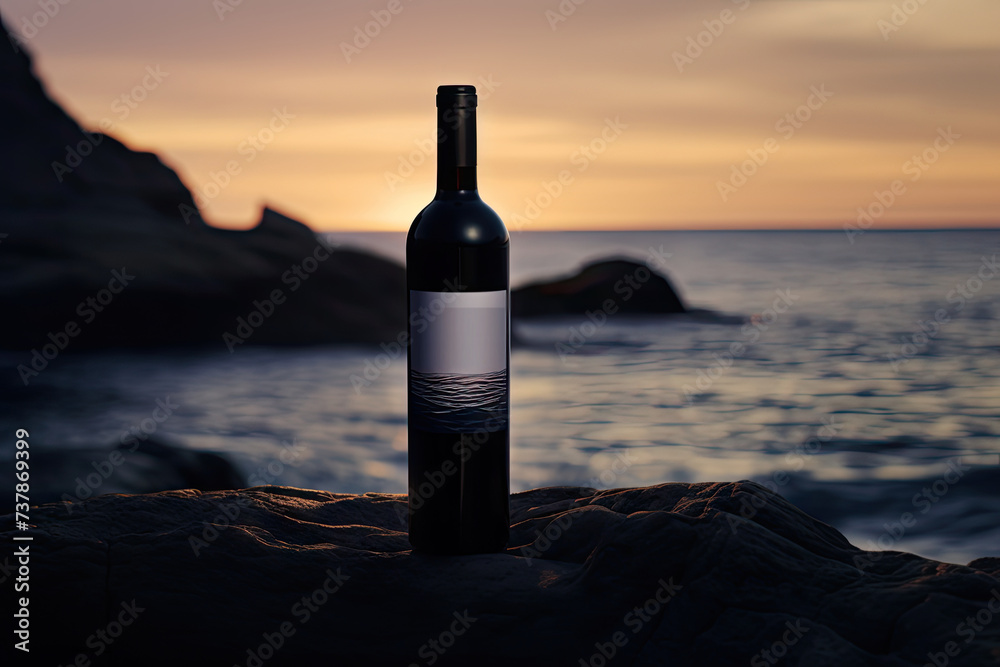 Red Wine Bottle on Ocean Beach, Wine Bottle Mockup on Rocky Shore, Dark Blue Sky Sunset Red Wine Bottle on Ocean Beach, Wine Bottle Mockup on Rocky Shore, Dark Blue Sky Sunset