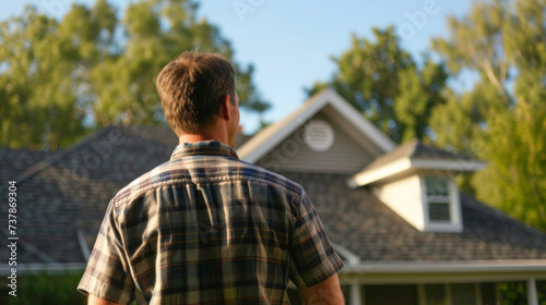 A homeowner looks on with relief and satisfaction as roofers complete the installation of a new shingle roof on their beloved family home. photo