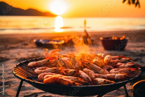 Prawns BBQ, Grilled Shrimps, Seafood Grill on Thailand Beach, Prawns on Open Fire, Barbecue photo