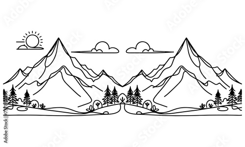 drawing mountain with forest pine trees landscape black line Sketch art Hand drawn linear style vector illustration
