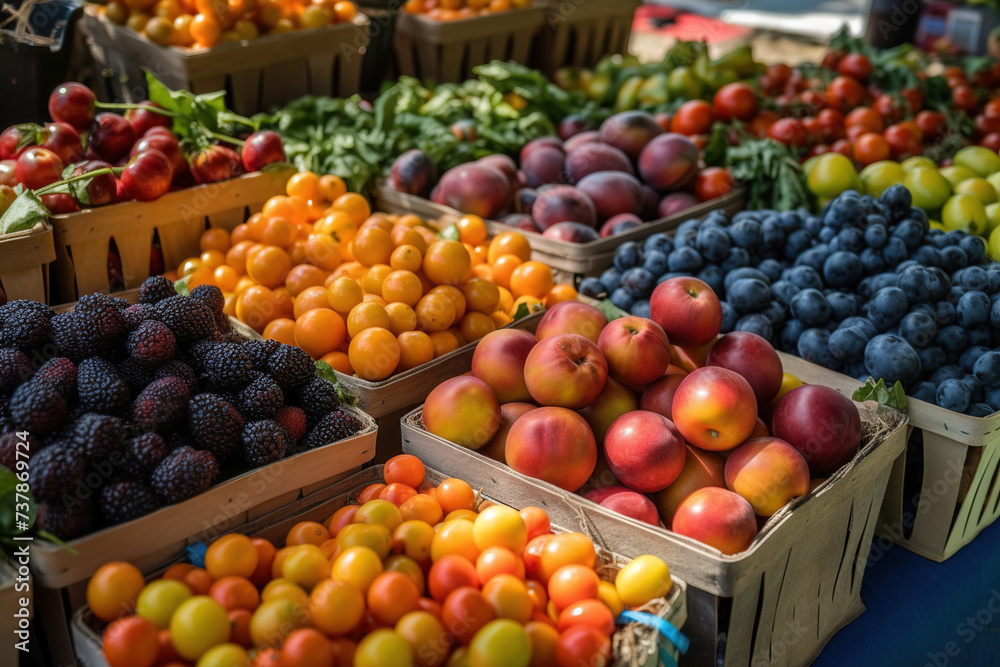 A vibrant summer farmers market brimming with a colorful array of fresh fruits and vegetables
