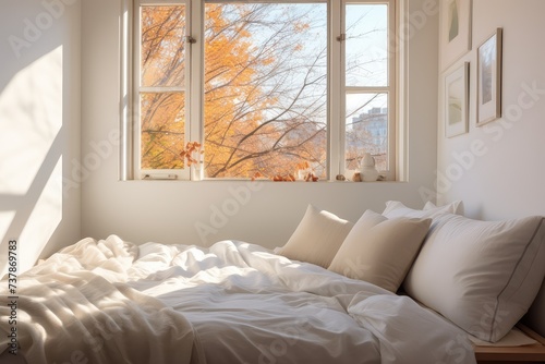 A Sunny Morning in Bedroom with Large Window, a White American Art Nouveau Bed, a Light Blanket