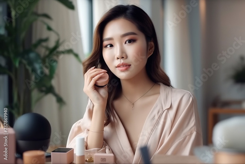 Beautiful young Asian woman blogger shows how to make up and use cosmetics