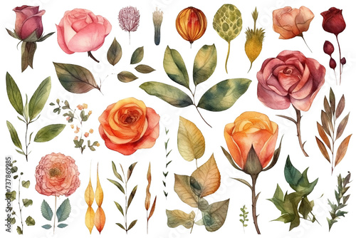 Big Set watercolor elements rose, tulip leaves. collection of vector elements. illustration isolated on transparent background