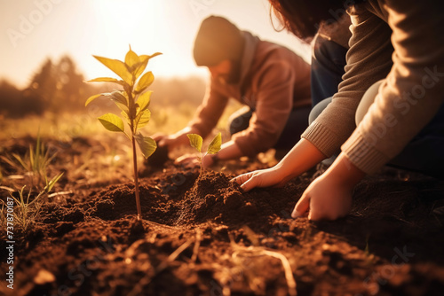 couple planting a sapling together, symbolizing growth, renewal, and care for the environment. photo