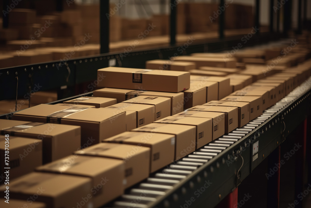 Multiple cardboard box packages seamlessly moving along a conveyor belt in a warehouse fulfillment center Multiple cardboard box packages seamlessly moving along a conveyor belt in a warehouse fulfillment center