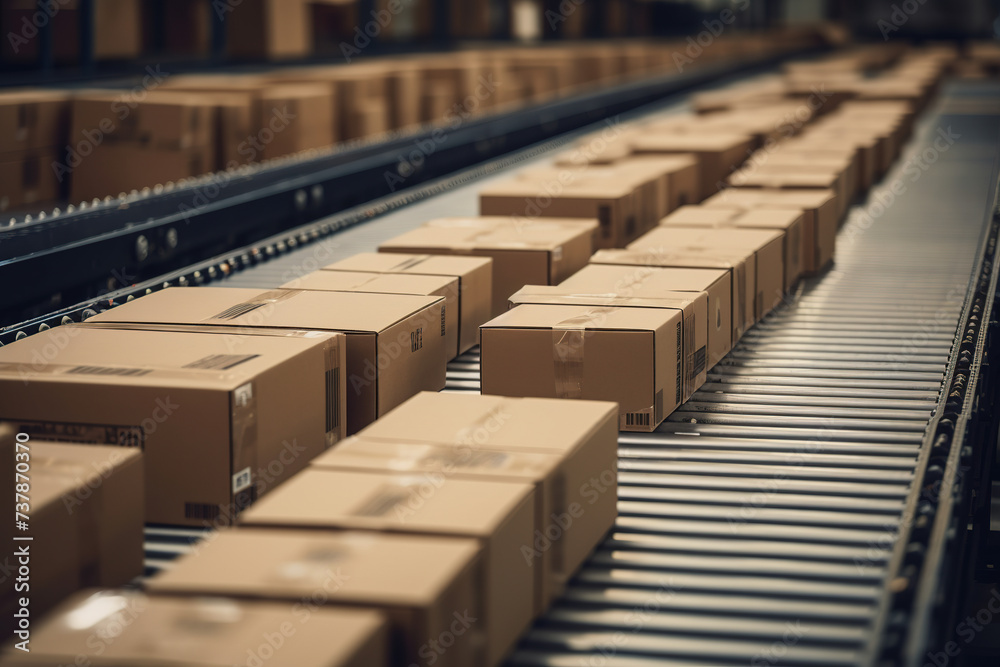 Fototapeta premium Multiple cardboard box packages seamlessly moving along a conveyor belt in a warehouse fulfillment center