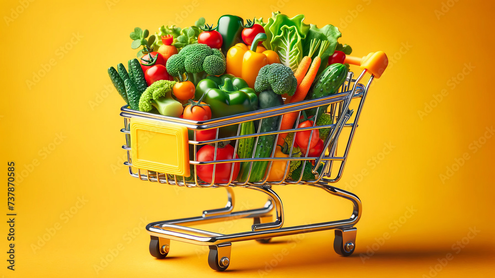 Unique Shopping Cart Overflowing with Vibrant Vegetables