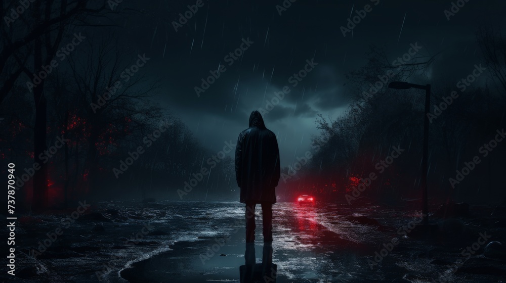Fototapeta premium Mysterious Figure in Rainy Forest - Dark, Moody Atmosphere with Red Accents