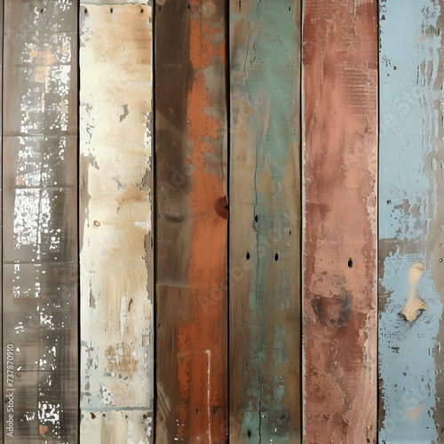 Vertical arrangement of colorful weathered and distressed wood plank textures © Helfin