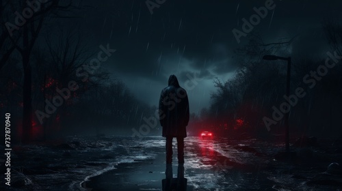 Mysterious Figure in Rainy Forest - Dark, Moody Atmosphere with Red Accents
