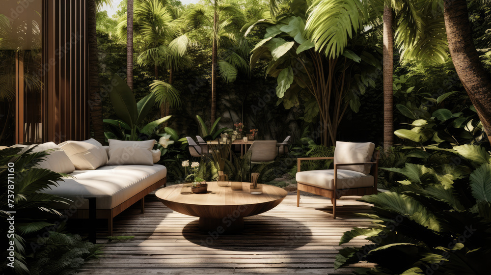 An inviting outdoor lounge area with plush seating nestled among verdant tropical foliage, offering a serene escape.