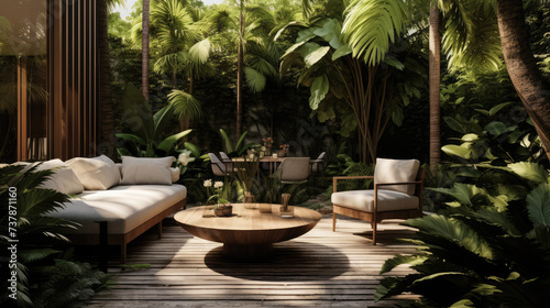 An inviting outdoor lounge area with plush seating nestled among verdant tropical foliage  offering a serene escape.