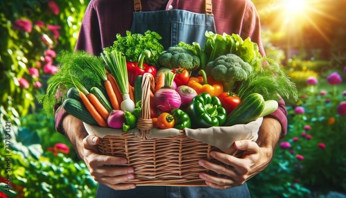 Organic Gardening Bounty Held in Wicker Basket