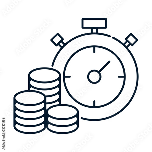 Time is money concept, watches and coins, long-term financial investment, retirement savings, future income, annual income. Vector linear icon isolated on white background.
