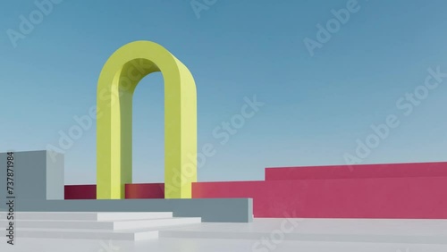 Abstract of arch yellow surreal architecture, Gemetric, minimal architectural on blue sky background, 3d animation.. photo