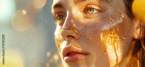 A beautiful woman with blue eyes portrait gold tones hydrating serum molecules structure and flying water droplets on face, light background. Skincare and beauty banner with copy space.