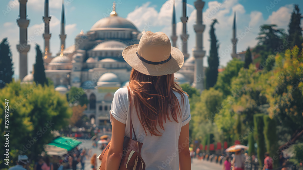 Beautiful tourist young woman walking in Istanbul city street on summer, Turkey, tourism travel holiday vacations concept in Europe
