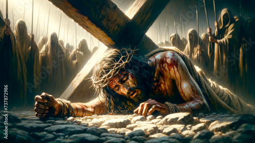The Path of Redemption: Jesus' Fall under the Weight of the Cross on the Road to Calvary in the Stations of the Cross.