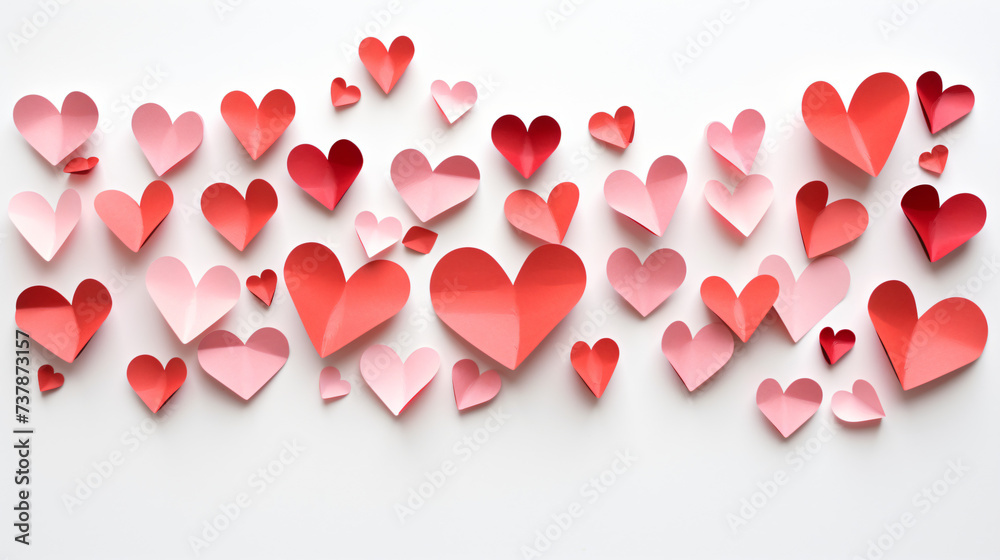 Background with many hearts paper sculpture on white background