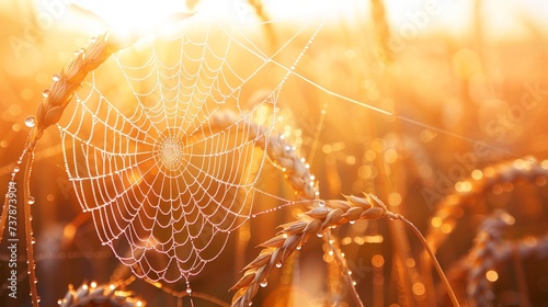 Dew-Covered Spider Web on Wheat at Sunrise
