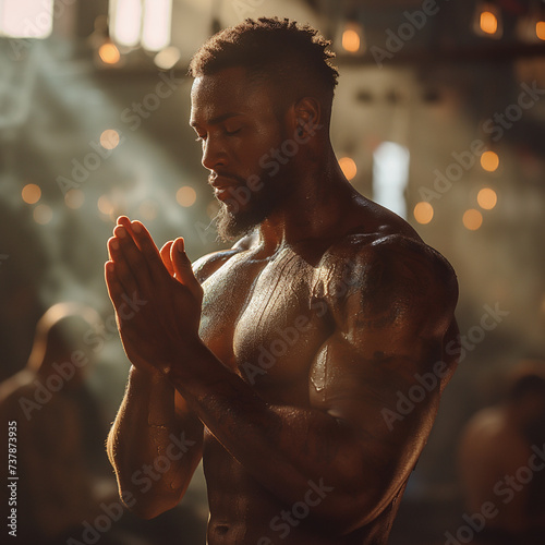 Devotion and strength merge as a barechested man with chiseled muscles humbly clasps his hands in prayer, his human face reflecting both faith and physical prowess photo