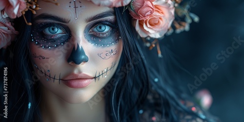 Halloween Makeup Inspiration A Beautiful Woman with a Sugar Skull and Flower Crown Generative AI