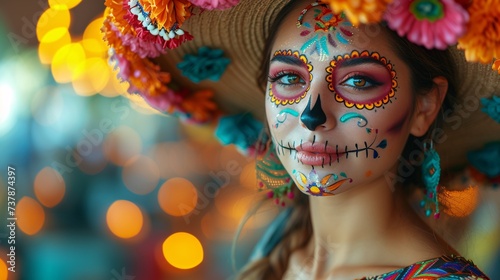 Celebrate DÃ­a de los Muertos with a Vibrant Flower-Crowned Woman Generative AI photo