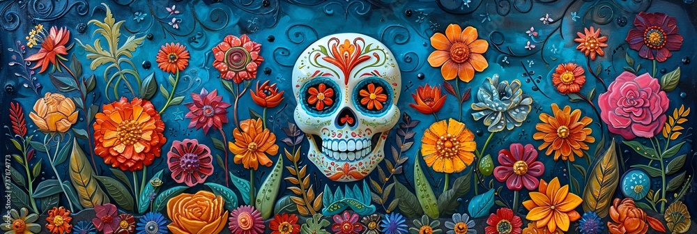 DÃa de los Muertos Skull Decoration with Flower Decorations Generative AI DÃa de los Muertos Skull Decoration with Flower Decorations Generative AI